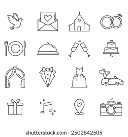 A modern set of wedding line icons. Collection of marriage themed objects. Dove, invitation, church, plate, crockery, champagne glasses, cake, rings, tux, tuxedo, dress, car, gift, photo camera.