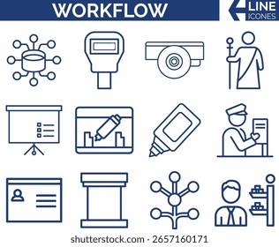 Un conjunto moderno de iconos de líneas de flujo de trabajo con conceptos de oficina, presentación, proceso de negocio y gestión. Perfecto para infografías, informes, Diseños web y presentaciones de negocios. Vector editable