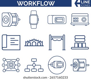 Un conjunto moderno de iconos de líneas de flujo de trabajo con tecnología, dispositivos, procesos y conceptos de ingeniería. Perfecto para infografías, presentaciones, Diseños web e informes de negocios. Ilustrador de Vector editable