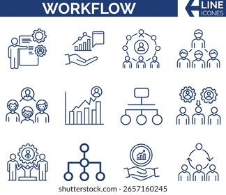 A modern set of workflow line icons featuring teamwork, business process, organization, and data analysis concepts. Perfect for infographics, presentations, web design, and business reports. Editable 