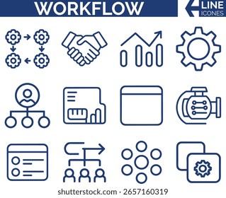 A modern set of workflow line icons, perfect for business, management, teamwork, and process infographics. Editable vector illustration for presentations, reports, and web design.