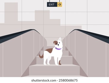 In a modern setting, a spotted dog playfully navigates an escalator, embodying canine curiosity against a vibrant urban backdrop