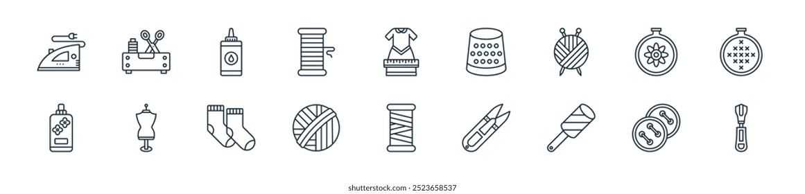 modernes Näh-Ikonenpaket. perfekt für lineare ui Designs mit Vektorgrafik , Bekleidungsknopf, Flusenrolle, Fadenschnitt, Faden, Wollkugel, Socken und mehr Icons für mobile und Web-Apps.