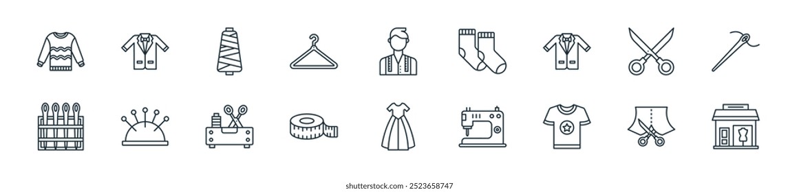 modern sewing icon pack. perfect for linear ui designs featuring vector boutique, cutting, tshirt, sewing hine, dress, measuring tape, sewing box and more icons for mobile and web apps.