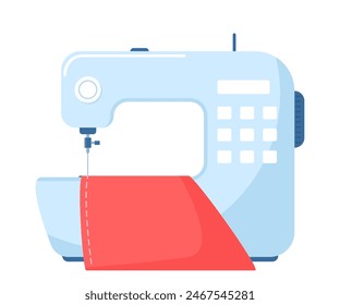 Modern sewing machine and piece of fabric with stitching. Handmade equipment for dressmaking. Accessory for sewing. Vector illustration