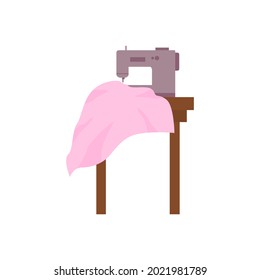 Modern sewing machine with pink fabric. Equipment with needle and thread for sew of fashion clothes in tailor shop or atelier. Flat vector illustration isolated on a white.