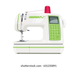 Modern sewing machine with red spool thread. Equipment for sew vogue clothes. Isolated white background. Vector illustration.