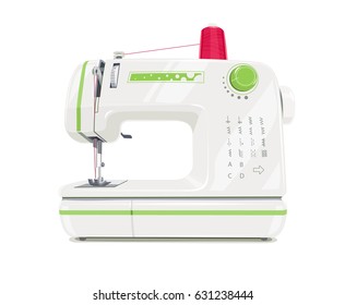 Modern sewing machine with red spool thread. Equipment for sew vogue clothes. Isolated white background. Vector illustration.
