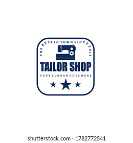 Modern sewing machine silhouette in rounded square frame with bold text font and stars isolated on white background perfect for tailor shop theme