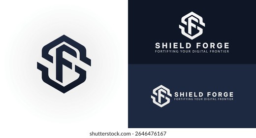 Logotipo moderno SF lettermark dentro de um forte escudo hexagonal, projetado para empresas de segurança cibernética e segurança digital. Ele simboliza proteção robusta, defesa inovadora e soluções seguras.