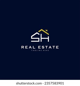 modern SH letter real estate logo in linear style with simple roof building in blue