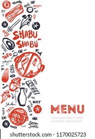 Modern shabu sukiyaki restaurant template with grunge doodles and lettering. Asian vector template design