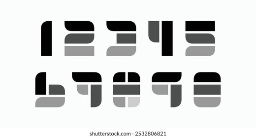 Modern shape alphabet with numbers. Simple square letters vector illustrations