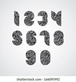 Modern shape black numbers, digital style contemporary numerals with hand drawn curly lines pattern, sketch funky curls doddle style drawing vector symbols. Numbers designed specially, vector.
