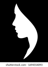 Modern shape cute attractive human girl. Light paper text space backdrop. Outline dark ink hand drawn adult bridal miss fiancee cameo insignia label in retro artist contour engrave cartoon line print