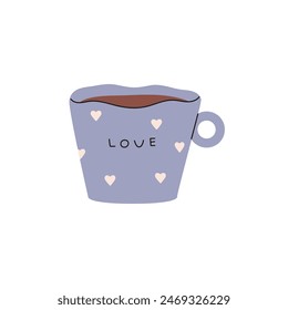 Taza de café gris de forma moderna. Diseño de taza de cerámica linda con signos del corazón, inscripción Amor. Taza de té decorada para bebidas calientes, té, bebidas. Ilustración vectorial aislada plana sobre fondo blanco