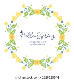 Modern shape of hello spring greeting card, with unique pattern of leaf and yellow wreath frame. Vector