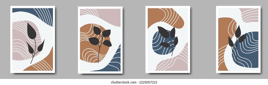 Modern shape line art wallpaper. Boho foliage botanical leaves watercolor texture design for home decor.