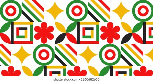Modern shape mosaic vector  illustration. Trendy retro style seamless geometric pattern, colorful shapes (lines, stars, circles, flowers), creative geometry concept design.