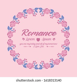 Modern shape of romance greeting card, with unique pattern of leaf and pink rose wreath frame. Vector