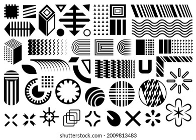 Formas modernas. Elementos de diseño geométrico. Conjunto de Memphis, grupo de formas geométricas planas negras y simples. Formas planas nuevas y modernas.