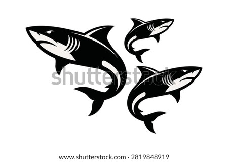 Modern shark predator mascot icon pack isolated on a white background. Designed for fishing tournaments, water sports logos, posters, stickers, and merchandise prints. Fully scalable and editable monochrome vector artwork.