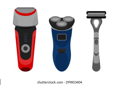 Modern shaver collection. Men accessories. Vector personal equipment for face shave. Electric and manual hair remove. Isolated trimmer set illustration. Beard and mustache remover.