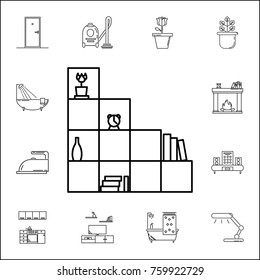 modern shelves with books icon. Set of household accessories icons. Signs, outline furniture collection, simple thin line icons for websites, web design, mobile app, info graphics on white background