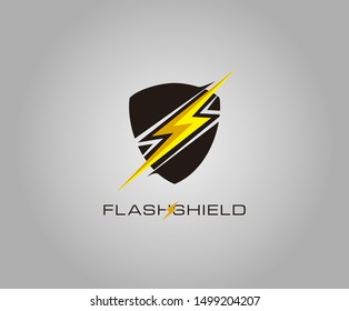 Modern shield electric logo icon, black shield with thunder shape.