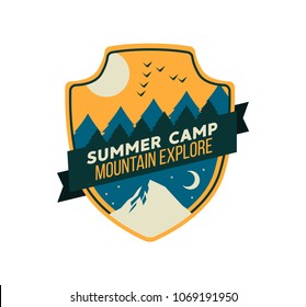 Modern shield forest camp badge. Vector graphic camping logo. Exploration camp, tourism extreme sport club emblem, logo design. Wild travel sticker. 