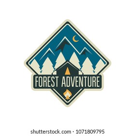Modern shield forest camp badge. Vector graphic camping logo. Exploration camp, tourism extreme sport club emblem, logo design. Wild travel sticker. 