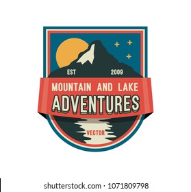 Modern shield forest camp badge. Vector graphic mountaine camping logo. Exploration camp, tourism extreme sport club emblem, logo design. Wild travel sticker. 