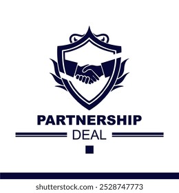 Modern shield of hands shaking logo and business card design. solution, positive, modern, partnership, icon, Premium Vector