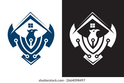 Escudo moderno y logotipo de la casa con líneas de circuito para la Tecnología de bienes raíces, hogar inteligente o icono de Vector de negocios de seguridad