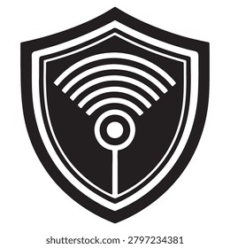Modern shield icon featuring wireless network signal bars symbolizing secure internet connectivity and protection