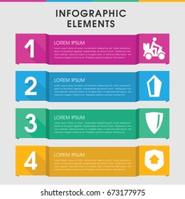Modern shield infographic template. infographic design with shield icons includes courier on motorcycle. can be used for presentation, diagram, annual report, web design.