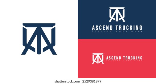 Modern shield initial vector letter AT or TA logo in blue color isolated on multiple background colors. The logo is suitable for truck company logo design inspiration templates.