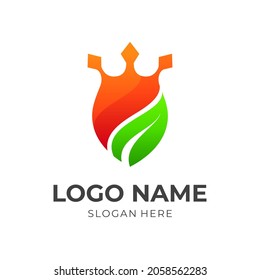 modern shield and leaf logo design with flat orange and green color style