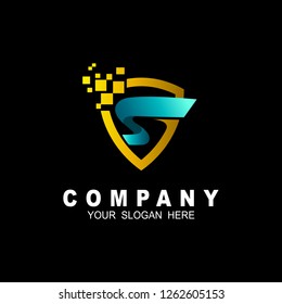 Modern shield letter s logo design, pixel and letter s icon 
