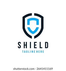 Modern shield logo with abstract blue and black geometric elements