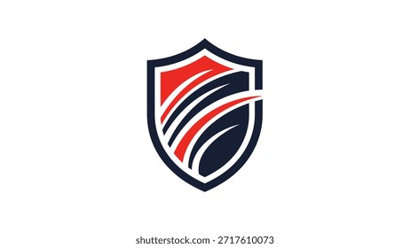 Un moderno logotipo de escudo con un vibrante esquema de colores rojo y azul oscuro con swooshes abstractos en blanco y rojo dinámicos, que simbolizan protección, velocidad e innovación.