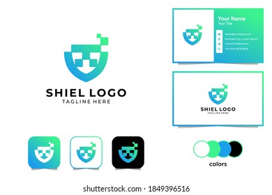 diseño de logotipo y tarjeta de visita de tecnología de escudo moderna