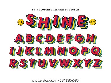 Modern shine alphabet letter, vivid multicolor funky font or typography. Vector bold font for graphic tshirt, instagram post, poster, book cover, product packaging, flyer, etc.