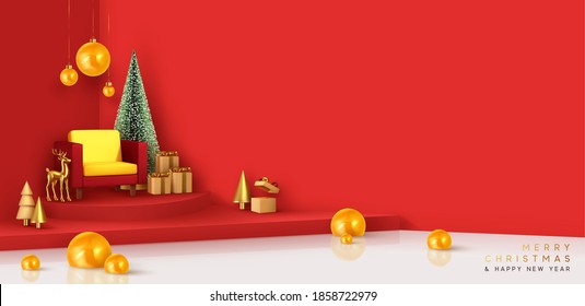 Modern shining Christmas realistic installation studio interior design. Xmas holiday podium vector 3d render composition. Christmas tree chairs, gift box, decor bauble balls. Red walls and white floor
