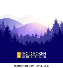 Modern shining landscape background with forest & mountains. Vector illustration