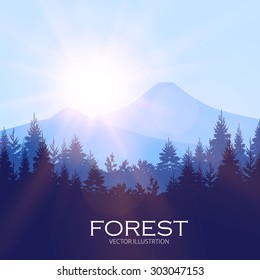 Modern shining landscape background with forest & mountains. Vector illustration