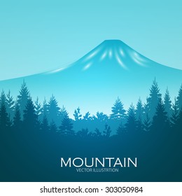 Modern shining landscape background with forest & mountains. Vector illustration