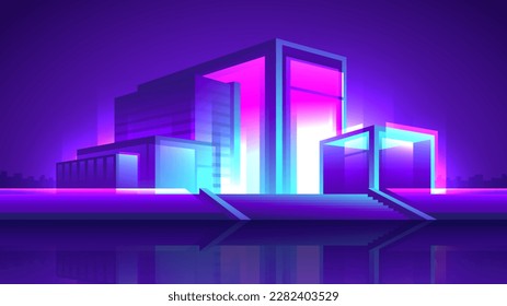 Modern shining neon mall. Business office building night illustration.