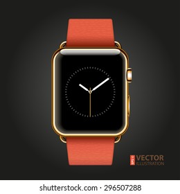 Modern shiny 18-karat yellow gold smart watches with red modern buckle bracelet isolated on black background. RGB EPS 10 vector illustration