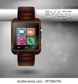 Modern shiny smart watch with leather bracelet applications icons.